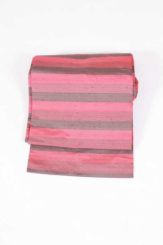 Nagoya obi used (sash), Tsumugi silk, ink black, madder red, rose pink, horizontal stripes, L120