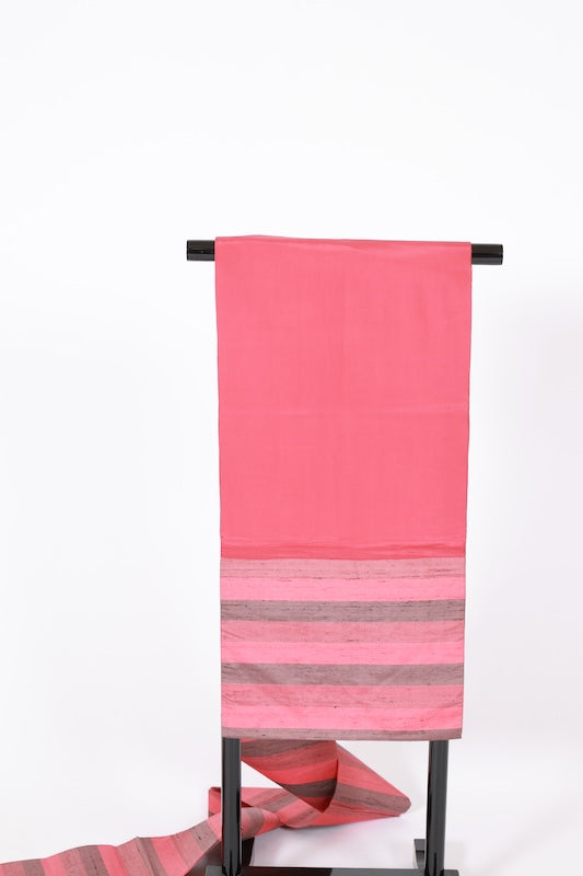 Nagoya obi used (sash), Tsumugi silk, ink black, madder red, rose pink, horizontal stripes, L120