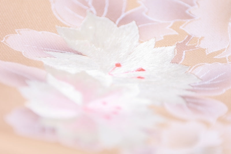 Nagoya obi used (sash) - Beige, cherry blossom pink, white, floral embroidery - L91