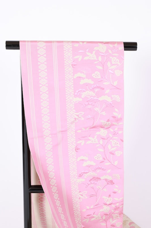 Nagoya obi used(sash), Hakata weave, light beige, blue, shades of pink, beige, floral pattern, Kenjo design, L118