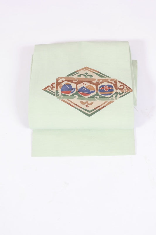 Nagoya obi used (sash), Tsumugi silk, peppermint, indigo, shades of brown, hand-painted abstract pattern, L117