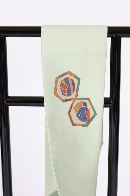 Nagoya obi used (sash), Tsumugi silk, peppermint, indigo, shades of brown, hand-painted abstract pattern, L117