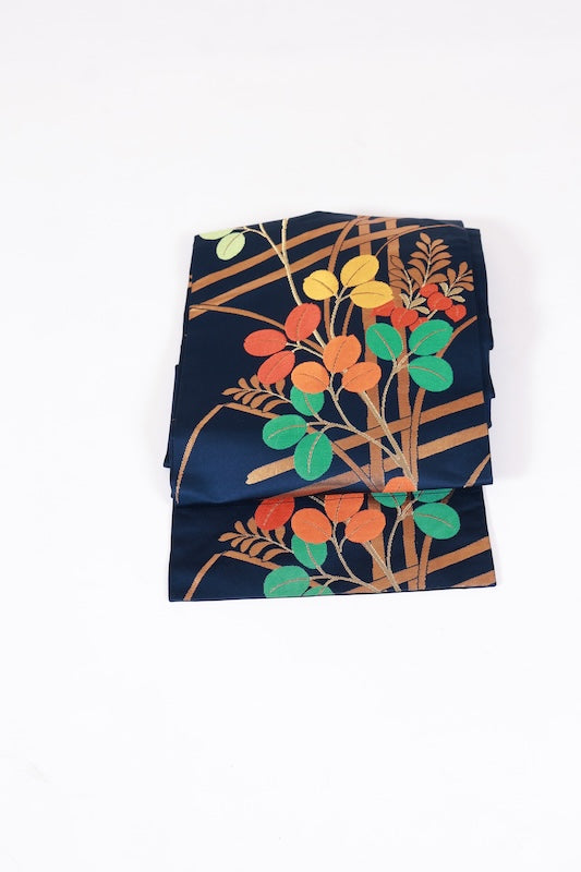 Nagoya obi used (sash): Navy, gold, vermilion, green, yellow, autumn grass L93
