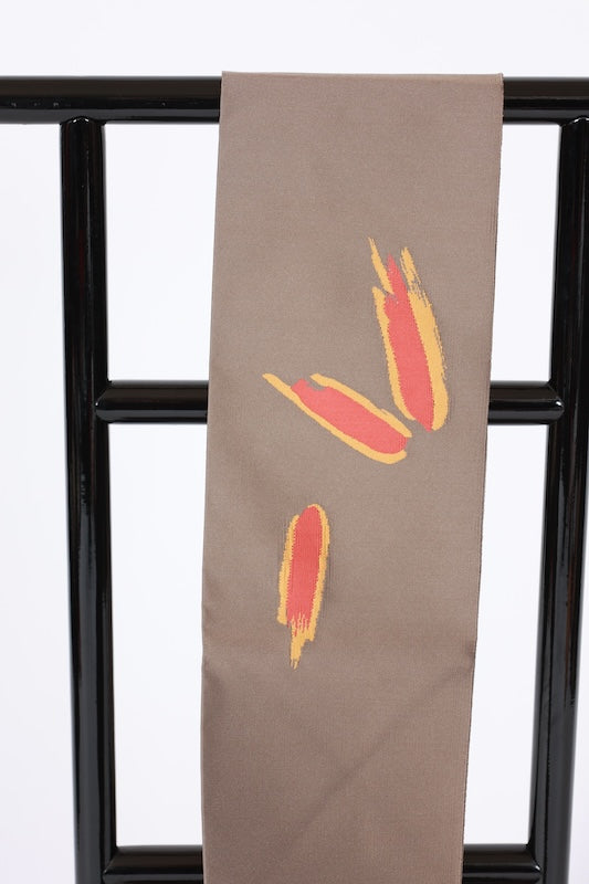 Tsumekaki Honzure Nagoya Obi used (woven obi sash) - Birch brown, mustard yellow, red, blue-gray, bamboo grass pattern - L98