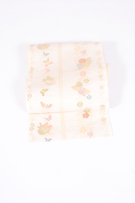 Nagoya obi used (sash) - Beige, Blue, Green, Gray, Off-white, Gold, Butterfly, Flower, Karaori weave, L95