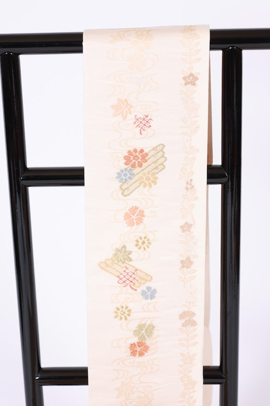 Nagoya obi used (sash) - Beige, Blue, Green, Gray, Off-white, Gold, Butterfly, Flower, Karaori weave, L95