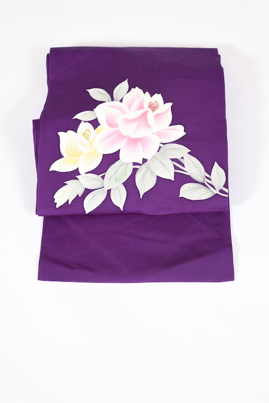 Nagoya obi used (sash), Shioze silk, deep purple, yellow, white, gray, gold, hand-painted rose design, floral pattern, L122