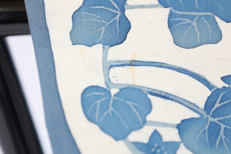 Nagoya obi used (sash), Shioze silk, shades of indigo, white, clematis pattern, hand-painted, L96