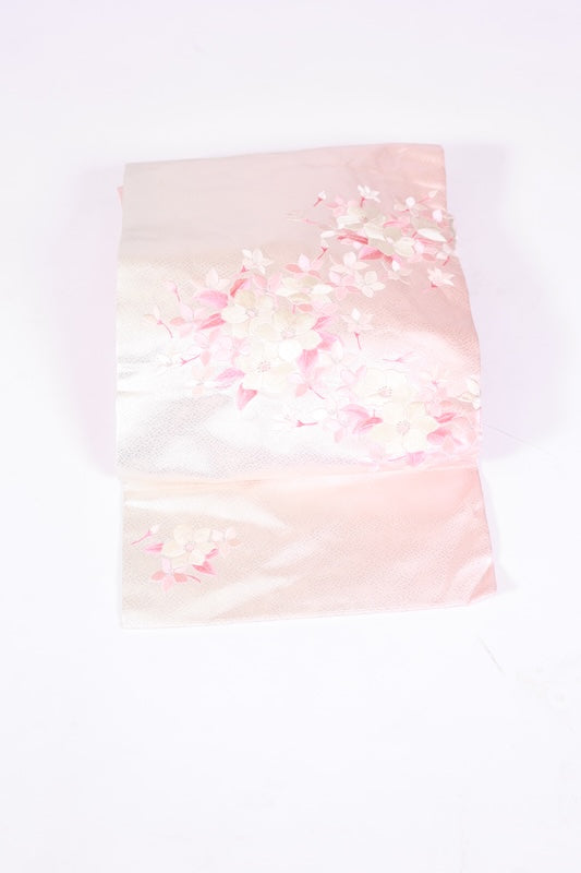 Nagoya obi used (sash) - Pink, silver, white, floral embroidery - L104