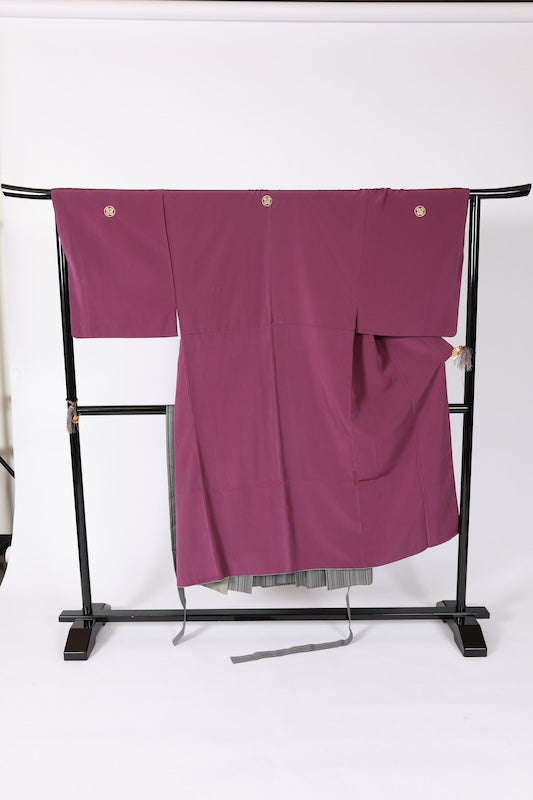 Japanese Men's kimono,hakama,kaku-obi 3piece set used L-size polyester /B1085