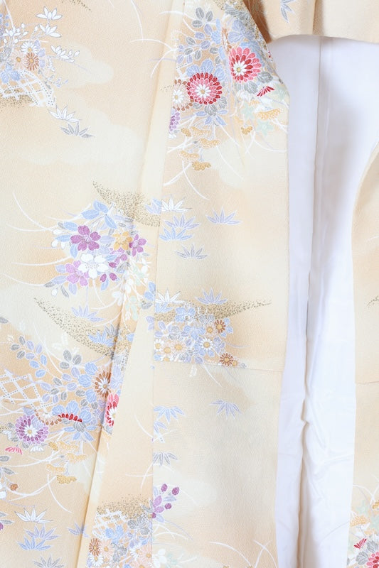 Japanese kimono used, shades of yellow, blue, reddish-brown, purple, white, gray, floral pattern, L116
