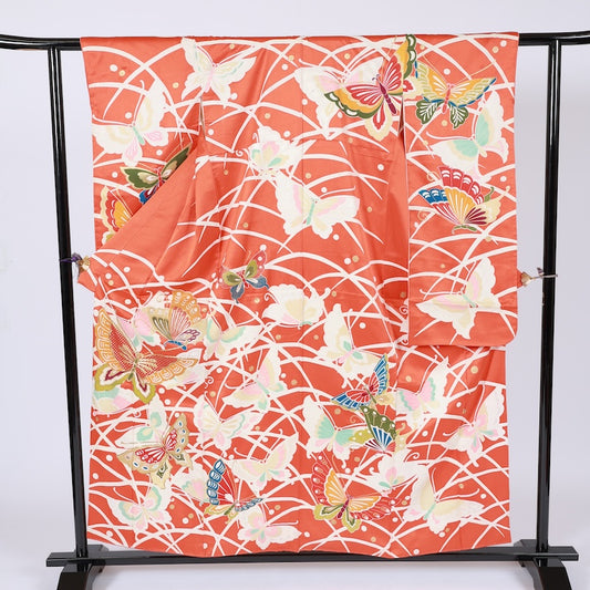Japanese kimono (L) -size 100% silk / Furisode vermilion green beige white blue gold butterfly gold piece hand-painted Kyo Yuzen B383