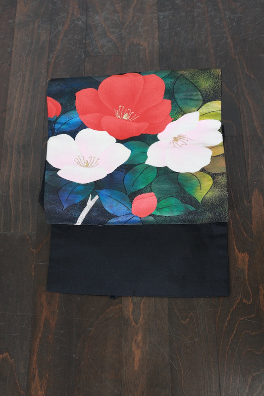 Nagoya-obi sash belt black flower Pre-owned /R487