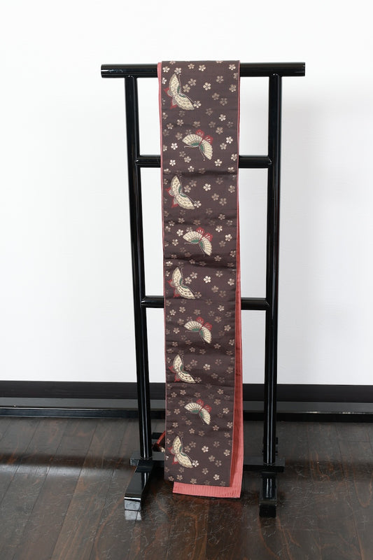 Hanhaba-obi sash belt brown gold butterfly reversible pre-owned /R514