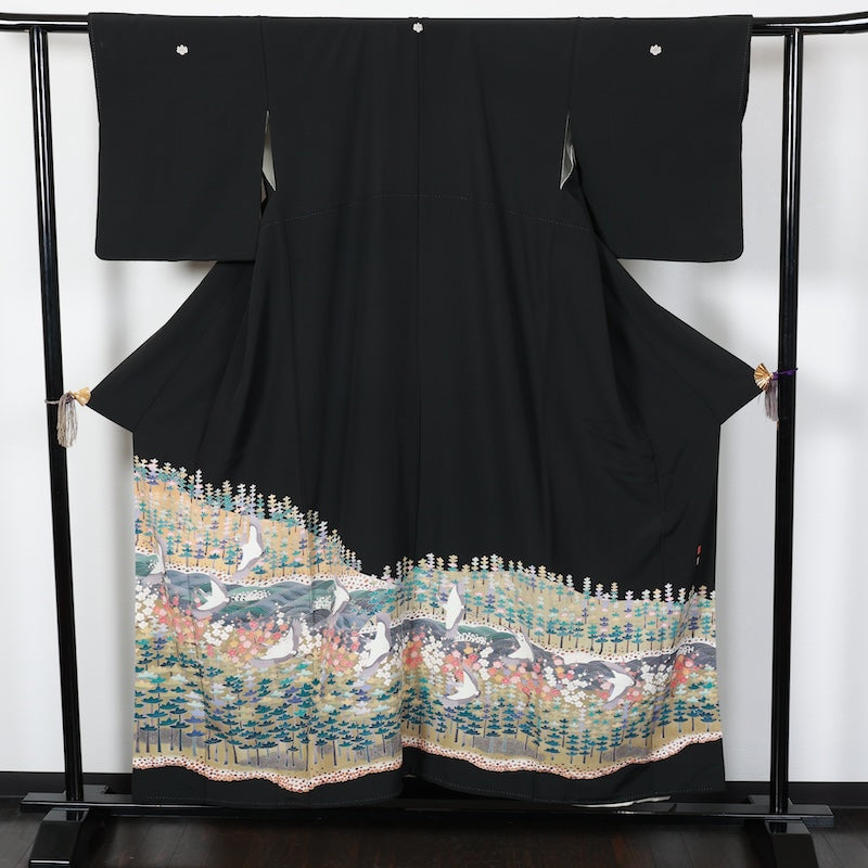 Japanese kimono used <Kurotomesode> Msize silk 100% /T79