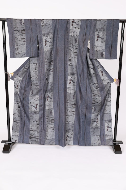 Japanese kimono used <Tsumugi> L-size silk 100% /B1128