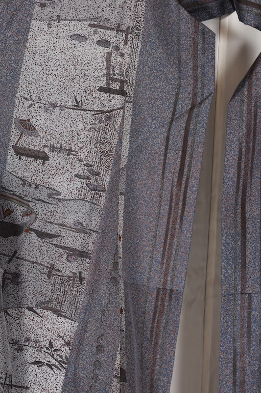 Japanese kimono used <Tsumugi> L-size silk 100% /B1128