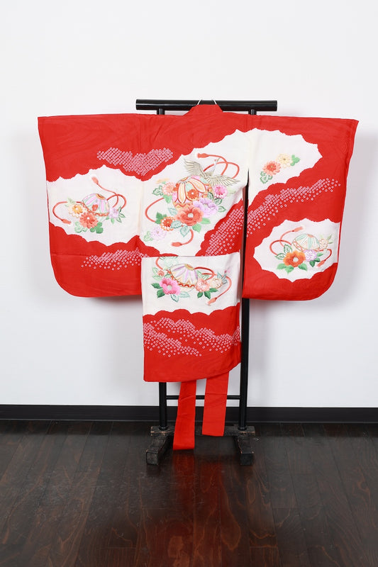 Baby girl Japanese kimono used <Hitotsumi> silk 100% /B50