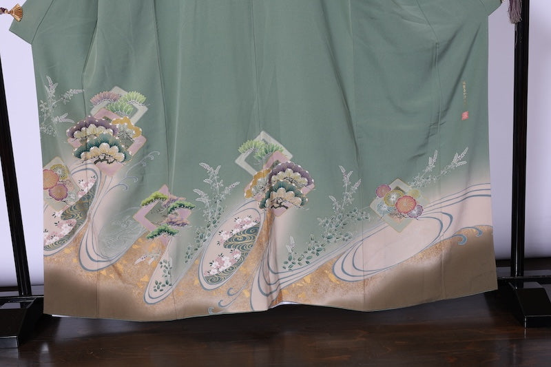 Used kimono (Irotomesode) L-size 100% silk / A484