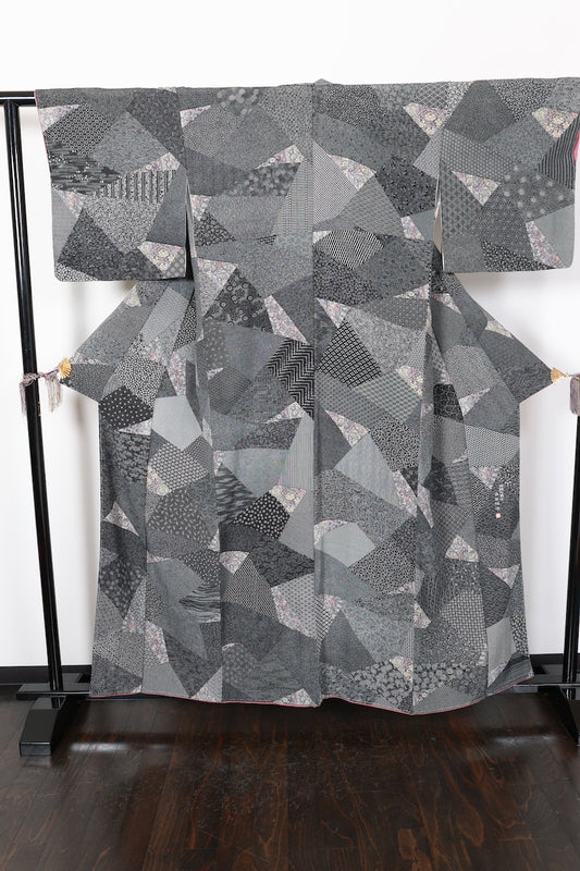 Edokomon kimono black gray white Hand-drawn New, unused item /AZ128