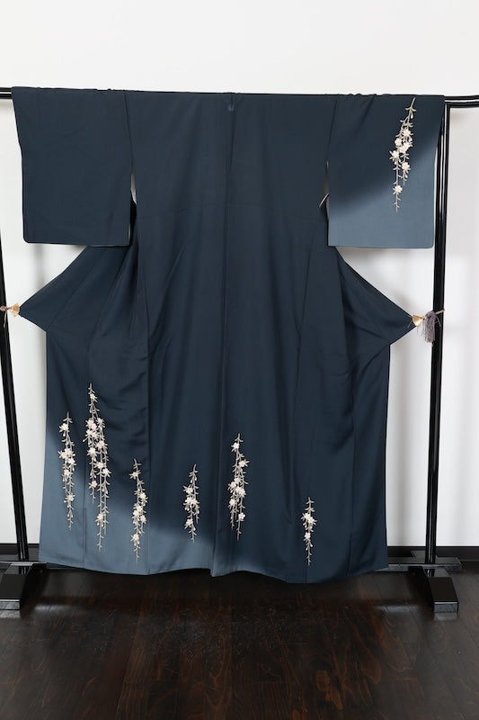 Houmongi kimono Dark navy, gray, cherry blossom pink pre-owned /R629