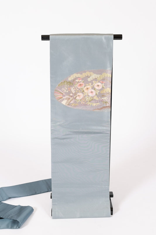 Nagoya-obi sash belt bule gray gold embroidery pre-owned /AZ163