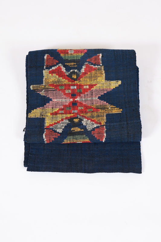 Nagoya-obi sash belt indigo mustard yellow red Hand-woven pre-owned /AZ153
