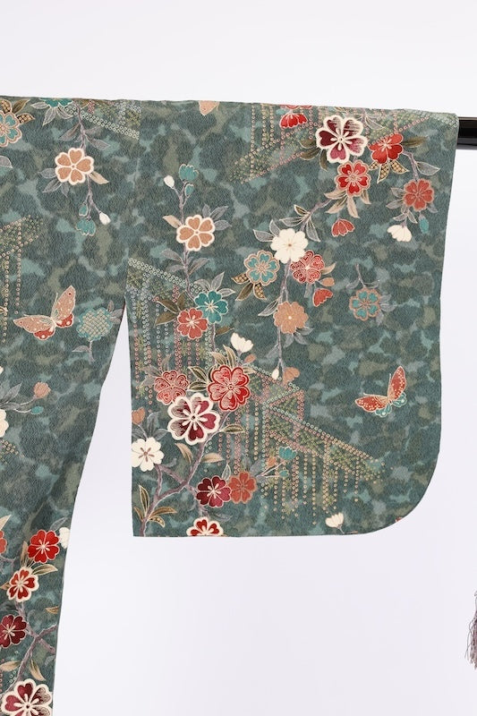 Used Coat Green Blue Red Yellow Cherry blossom Butterfly Hikita sizeM silk /A061