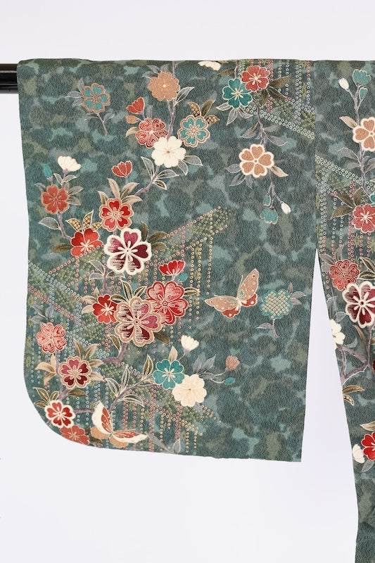 Used Coat Green Blue Red Yellow Cherry blossom Butterfly Hikita sizeM silk /A061