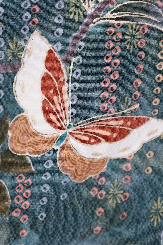 Used Coat Green Blue Red Yellow Cherry blossom Butterfly Hikita sizeM silk /A061