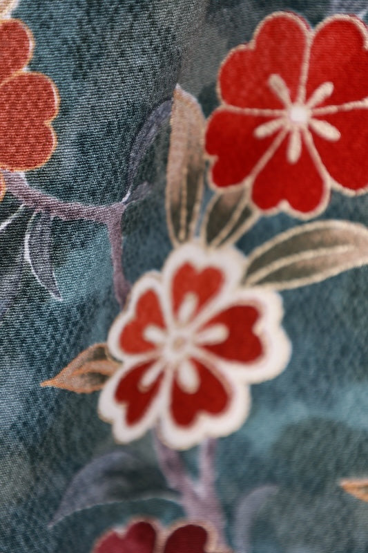 Used Coat Green Blue Red Yellow Cherry blossom Butterfly Hikita sizeM silk /A061