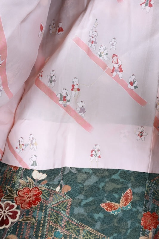 Used Coat Green Blue Red Yellow Cherry blossom Butterfly Hikita sizeM silk /A061