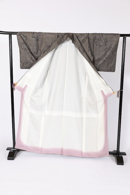 Japanese kimono used <Tsumugi> L-size silk 100% /B1225