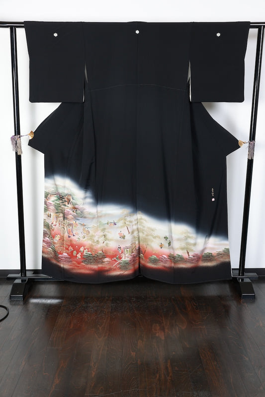 Kurotomesode kimono gray red purple Hand-drawn pre-owned /AZ180