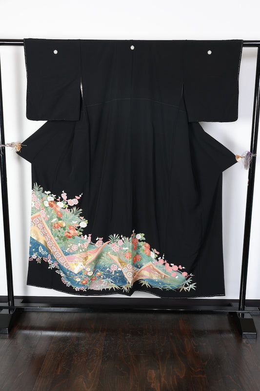 Kurotomesode kimono coral pink green Hand embroidery New, unused item /AZ173