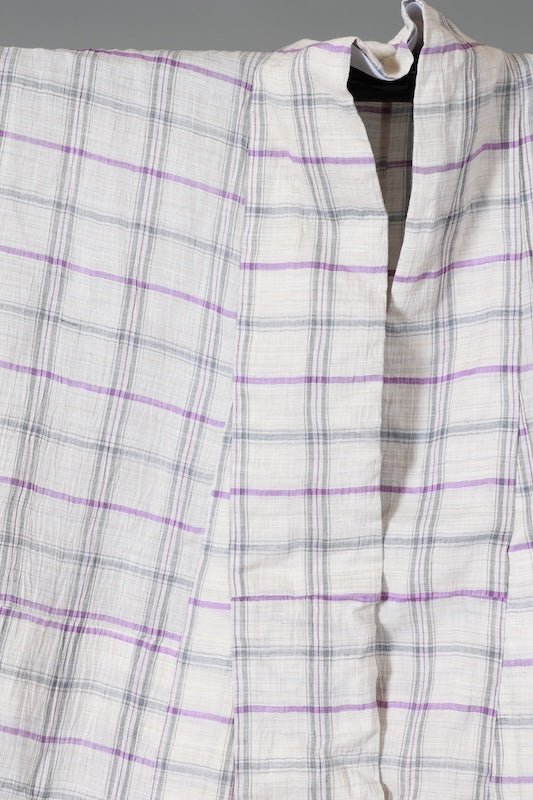 Japanese kimono used Komon - Off-white, gray, blue, purple - checkered pattern - crinkled fabric - L119