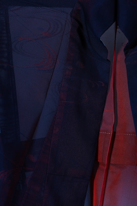 Japanese kimono used Komon, Monsha (shawl fabric), Black, Wine, Flowing Water pattern, L150