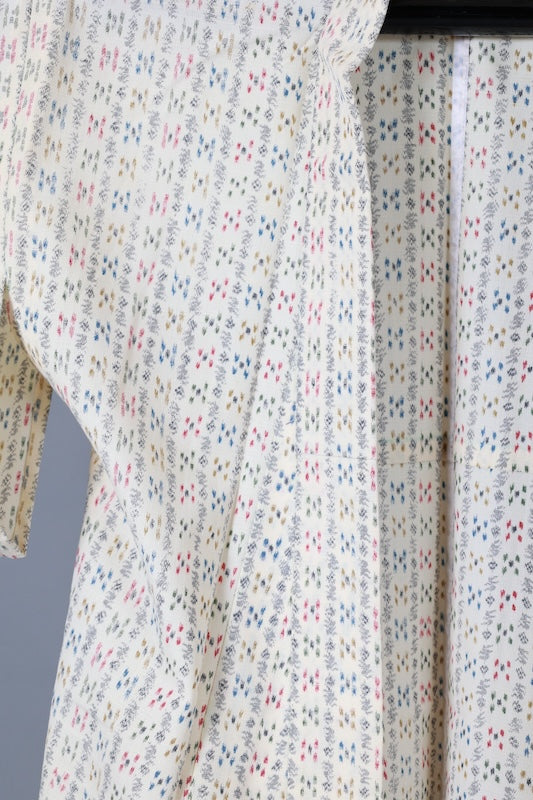 Japanese kimono used - Natural white, black, reddish-brown, green, blue - geometric pattern - L122
