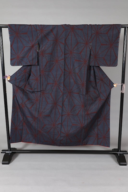 Japanese kimono used Yuki Tsumugi silk fabric, shades of indigo and red, hemp leaf pattern, handwoven, L132