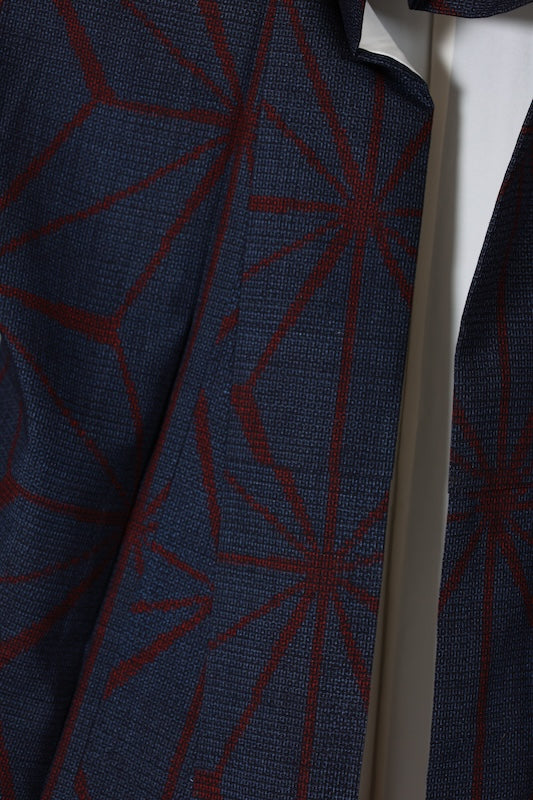 Japanese kimono used Yuki Tsumugi silk fabric, shades of indigo and red, hemp leaf pattern, handwoven, L132