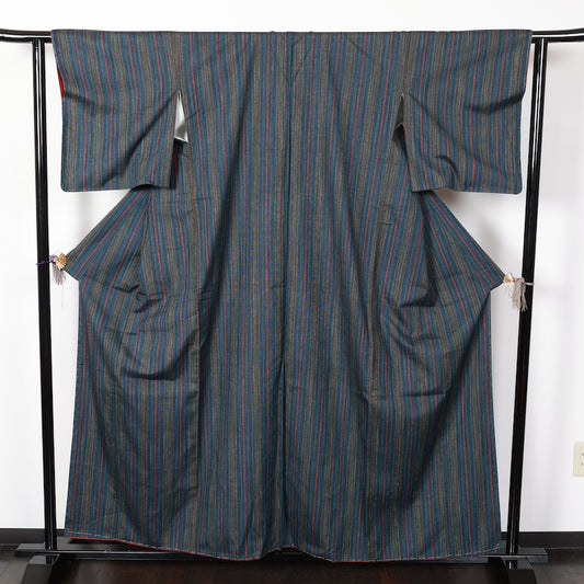 New Unused Japanese kimono used <Tsumugi> Lsize silk 100% /T233