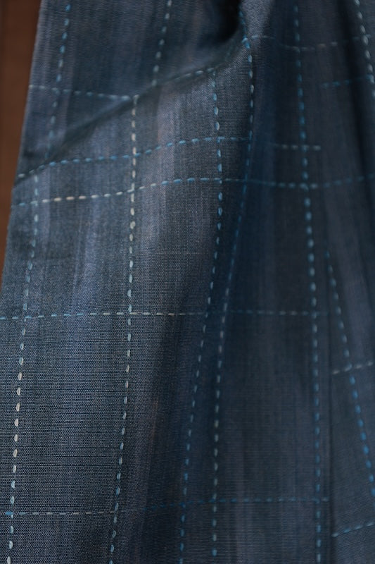 Japanese kimono used Tsumugi silk fabric, varying shades of blue, checkered pattern, sashiko stitching, L137