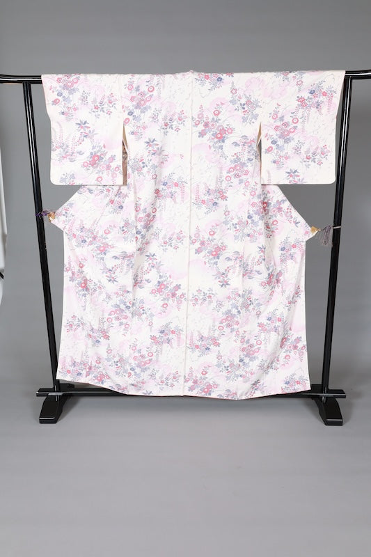 Japanese kimono used, white, shades of purple, gray, light pink, red, floral pattern, L152