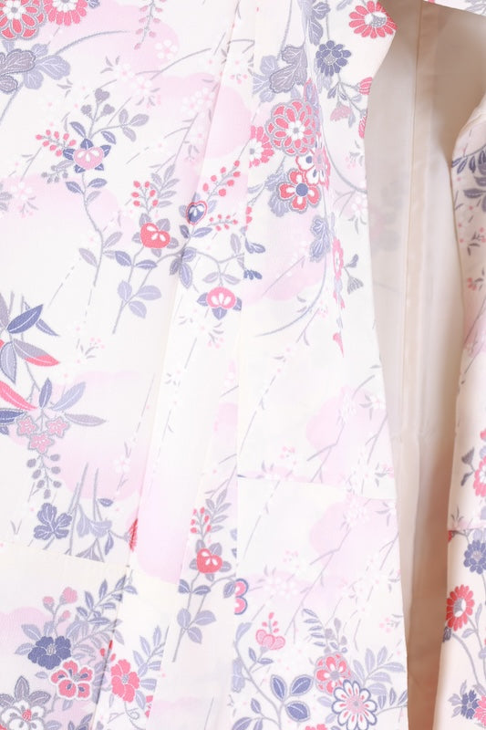 Japanese kimono used, white, shades of purple, gray, light pink, red, floral pattern, L152