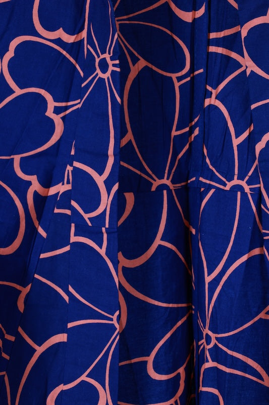 Yukata used(summer kimono) - Indigo and orange with floral pattern - Traditional dyeing - L171