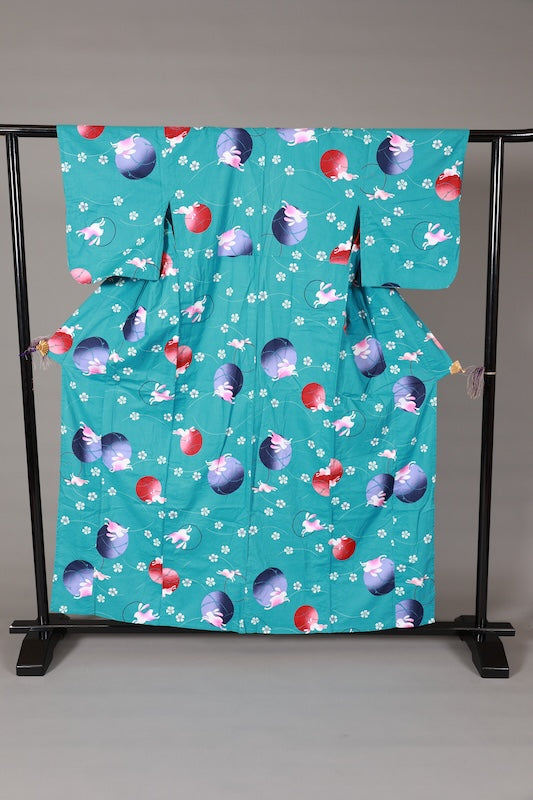 Yukata used(Japanese summer kimono) - Light blue, purple, red, white, pink, rabbit, cherry blossom design - L184