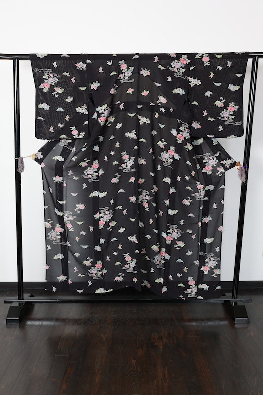 Summer Kimno used (small patterned kimono fabric), black, red, purple, gray, green, white, floral and bird pattern, tea house design, hand-painted, L181