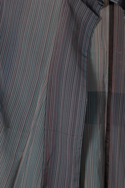 Summer kimono used, sheer fabric, shades of indigo, purple, gray, reddish-brown, irregular stripes, L183
