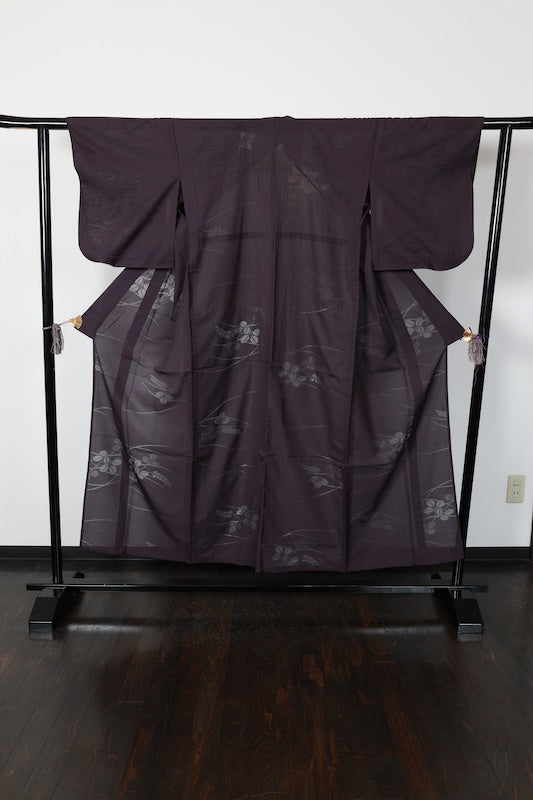 Summer kimono used, patterned gauze, purple-brown, bush clover and dewdrop grass pattern, L177