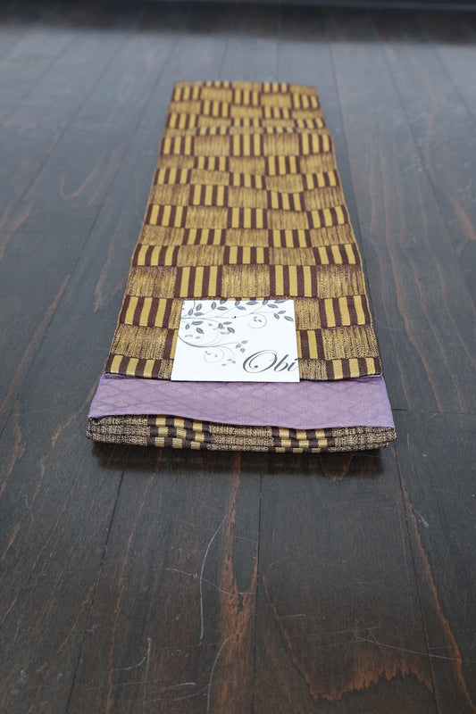 Brand-new Han-haba Obi (half-width sash): Brown and mustard yellow with a checkered pattern; P2